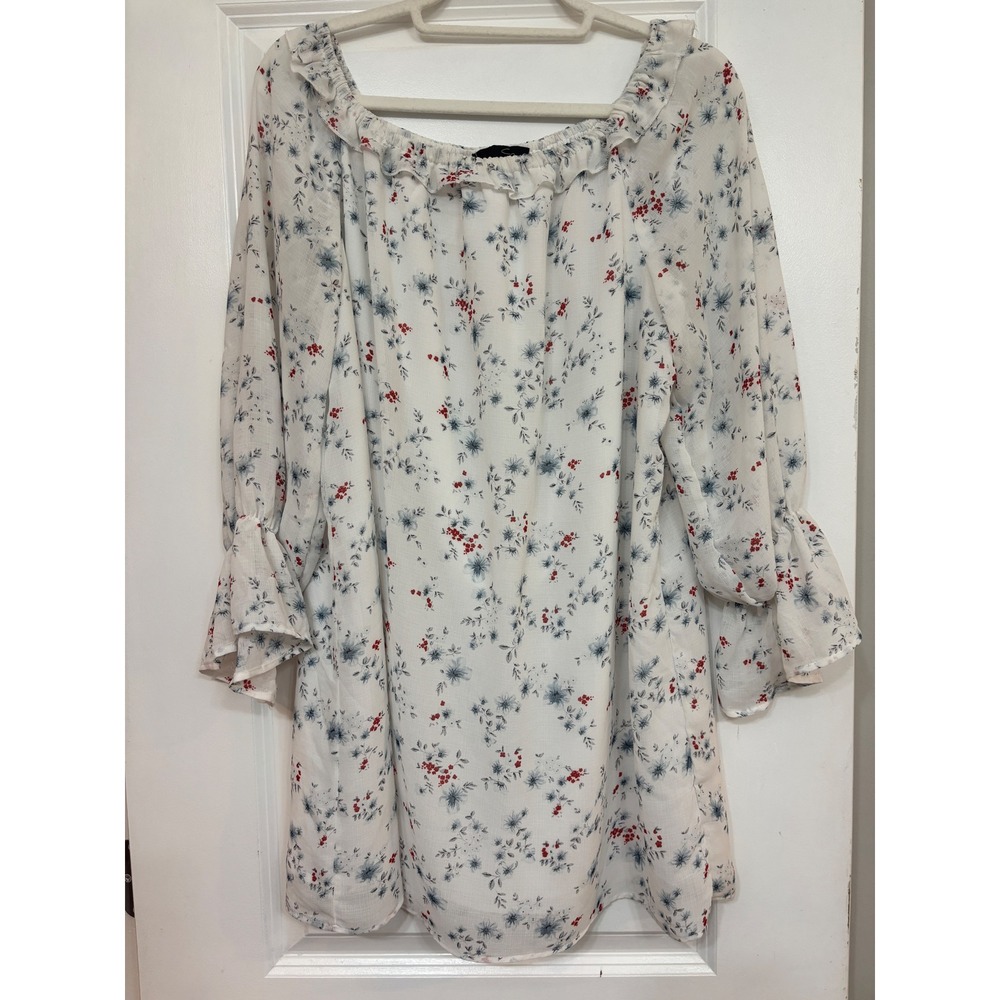 Anne Betro Floral Off Shoulder Mini Dress White Blue Red Bell Sleeve  L